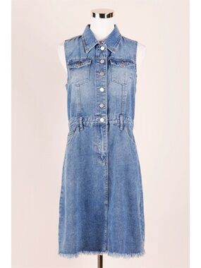 Sz M Joie Medium Wash Sleeveless Collared Button Down Denim Mini Dress EUC